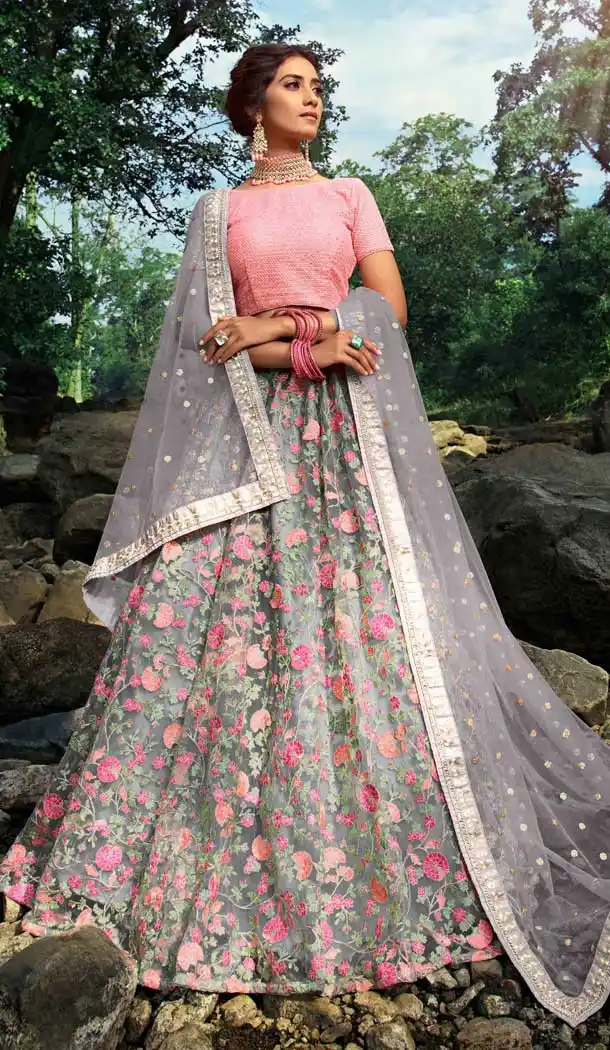 Grey Color Soft Net Wedding Reception Wear Lehenga Choli -8332100933