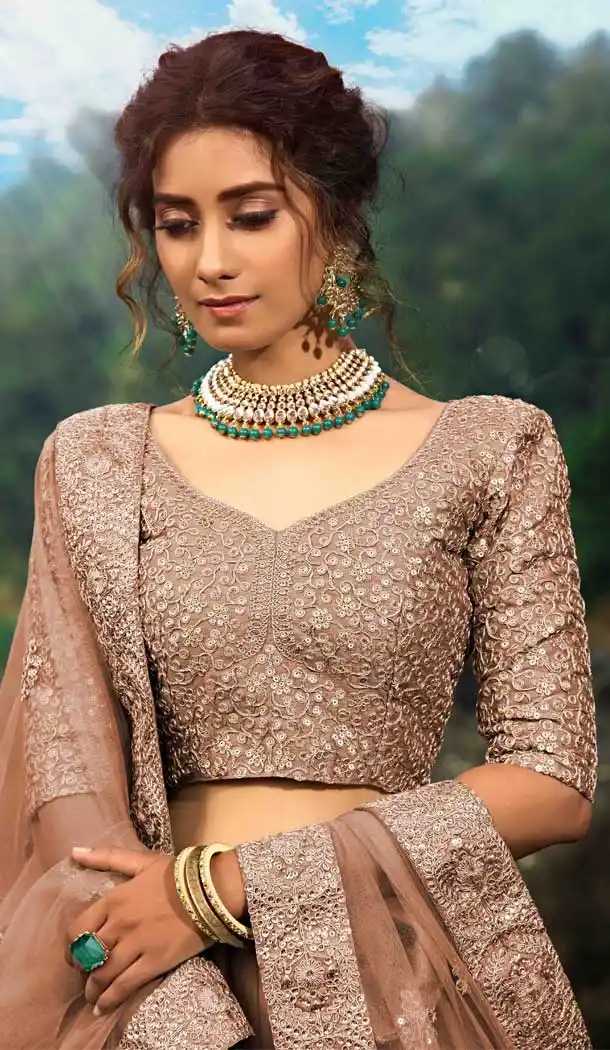 Brown Color Soft Net Wedding Reception Wear Lehenga Choli -8332100934