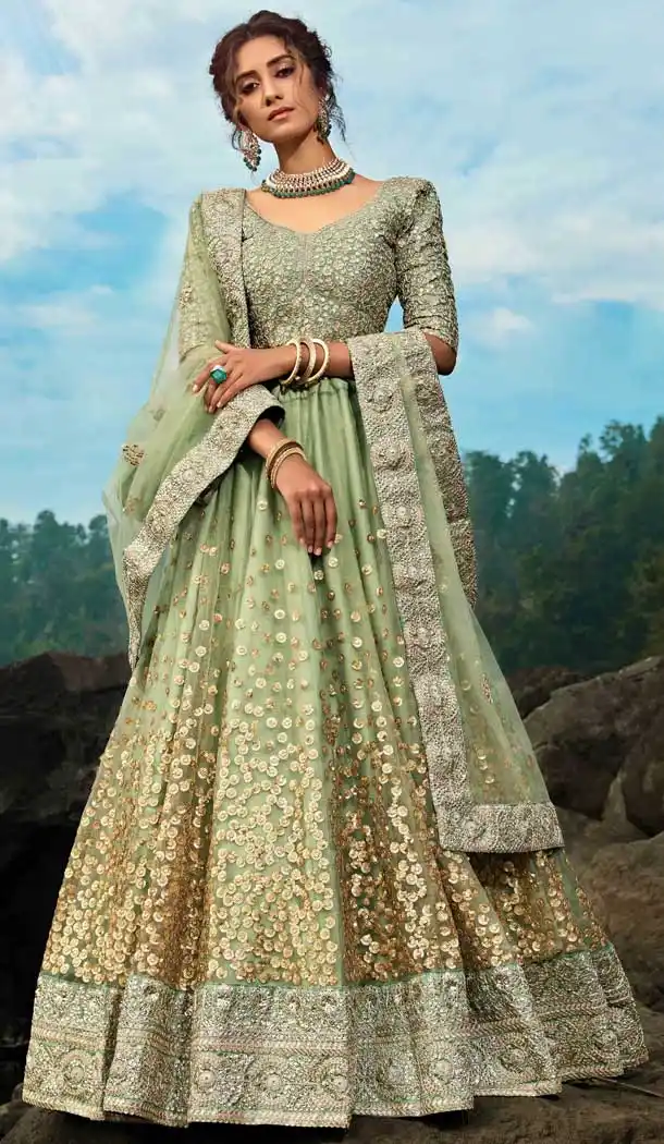 Green Color Soft Net Wedding Reception Wear Lehenga Choli -8332100935
