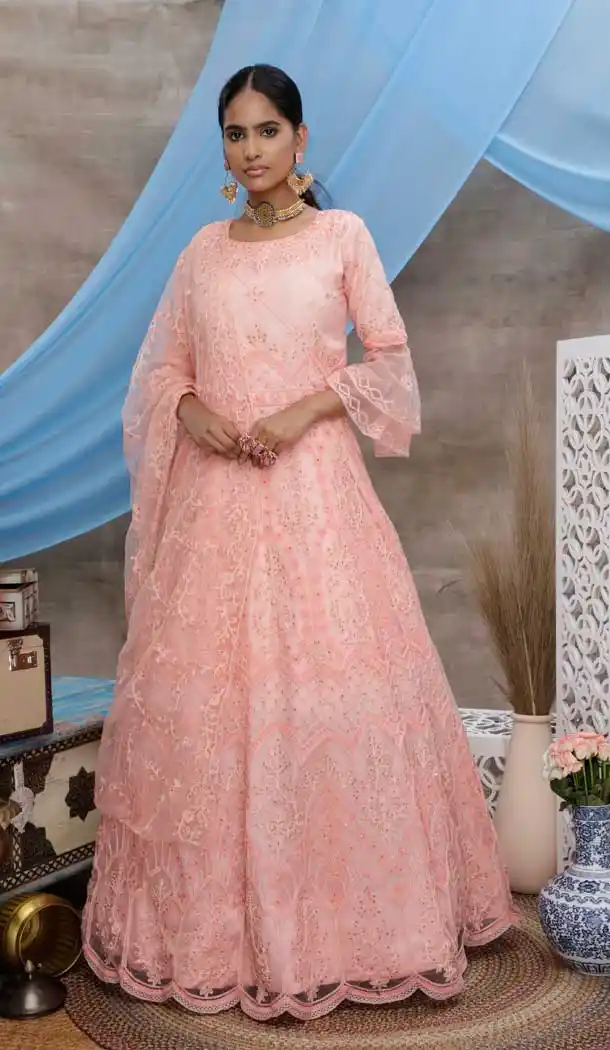 Peach Color Net Heavy Designer Party Wear Ready Made Gown Suit -8334100950
