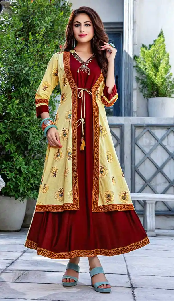 Maroon Yellow Color Cotton Reyon Designer Plus Size Kurti -8337100973