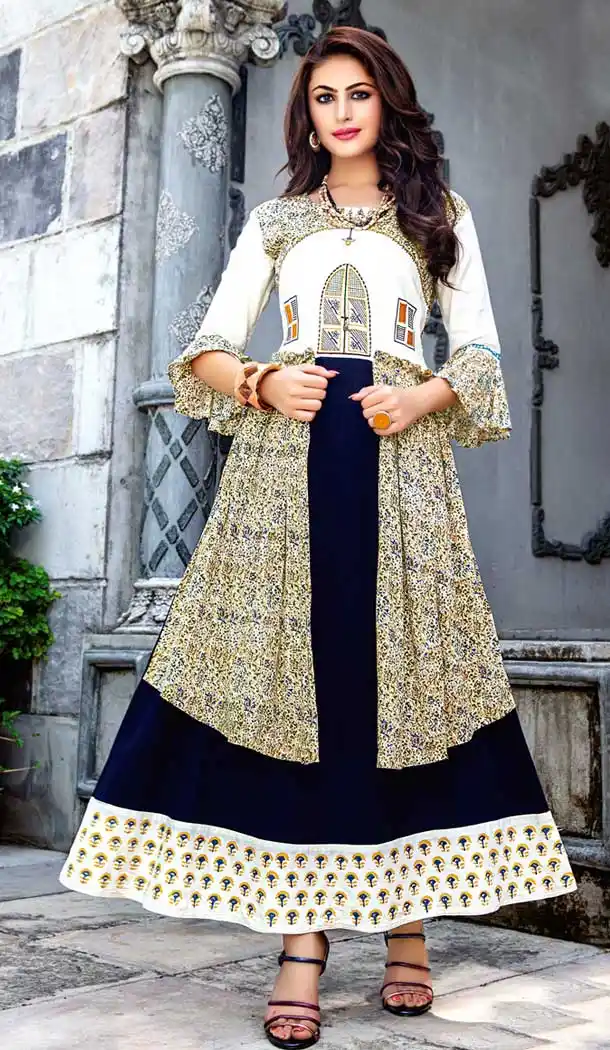 White Dark Blue Color Cotton Reyon Designer Plus Size Kurti -8337100974
