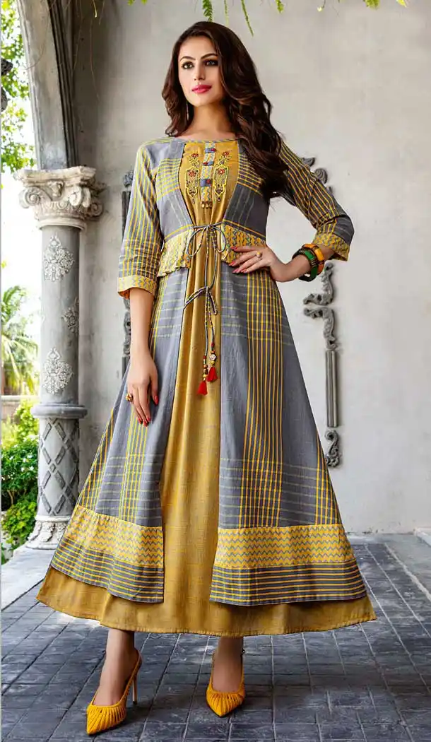Grey Musterd Color Cotton Reyon Designer Plus Size Kurti -8337100975
