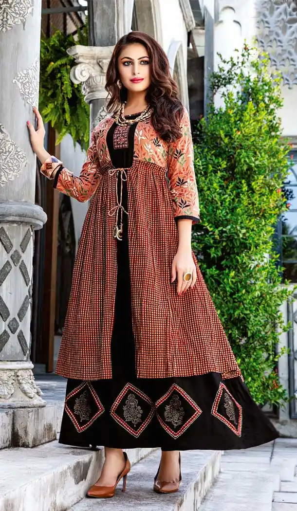 Rust Black Color Cotton Reyon Designer Plus Size Kurti -8337100976