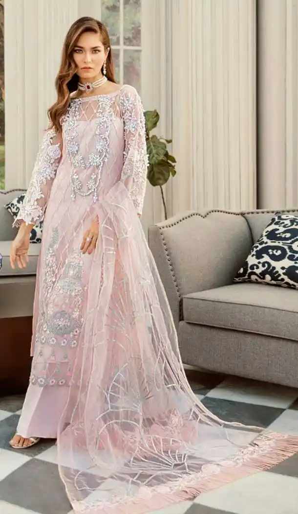 Creamy Pink Color Heavy Net Party Wear Plus Size Palazzo Suit -8339100980