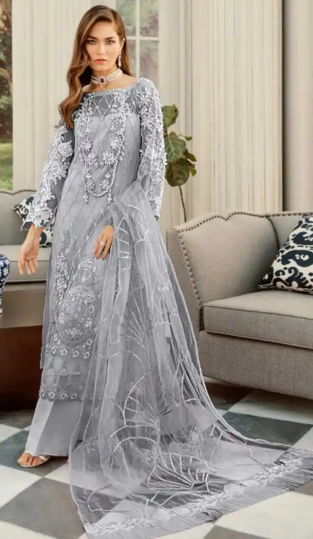 Grey Color Heavy Net Party Wear Plus Size Palazzo Suit -8339100983