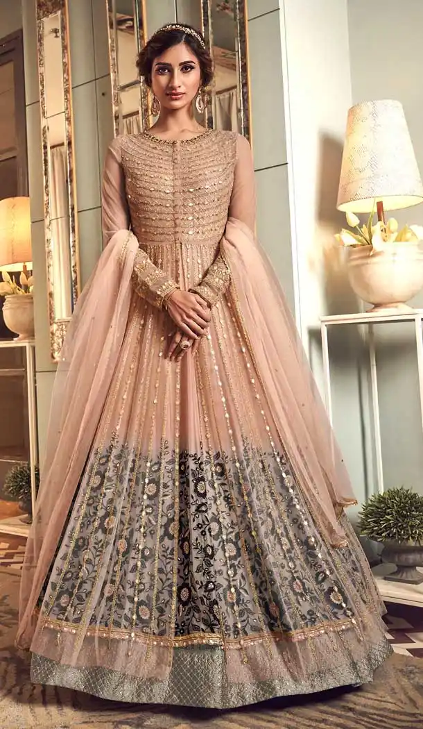 Peach Color Premium Net Designer Party Wear Indo Western Suit -8351101138