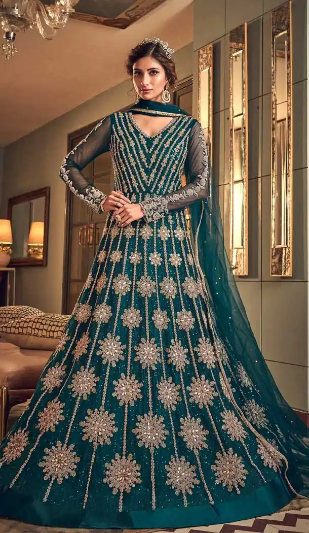 Teal Blue Color Butter Fly Net Designer Party Wear Indo Western Suit -8351101139