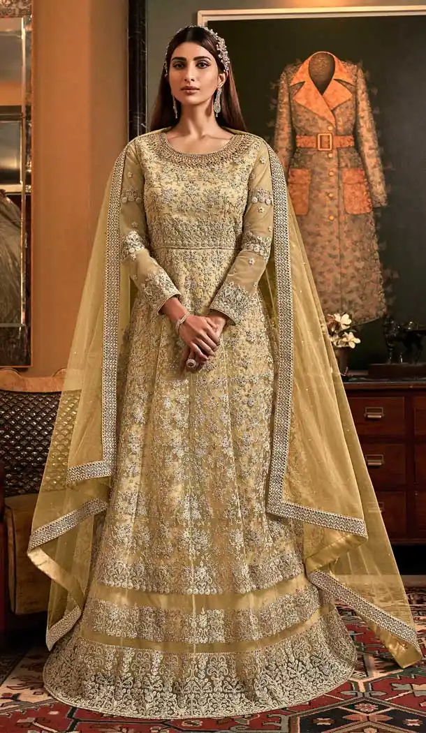 Light Yellow Color Butter Fly Net Designer Party Wear Indo Western Suit -8351101140