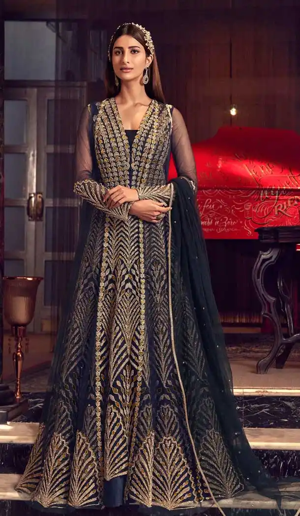 Navy Blue Color Butter Fly Net Designer Party Wear Indo Western Suit -8351101141