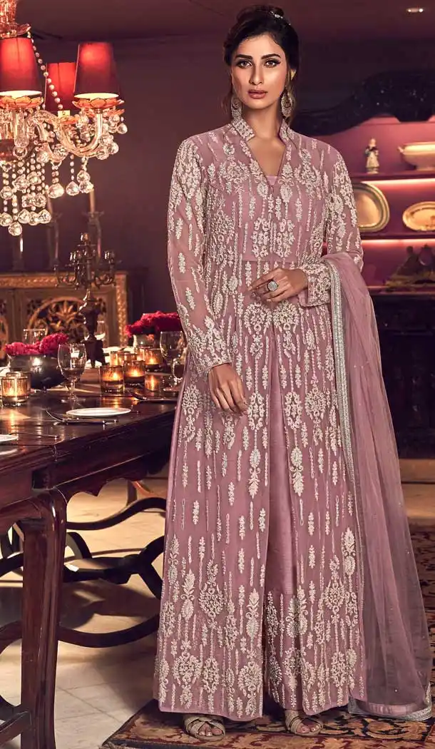 Old Rose Color Butter Fly Net Designer Party Wear Indo Western Suit -8351101142