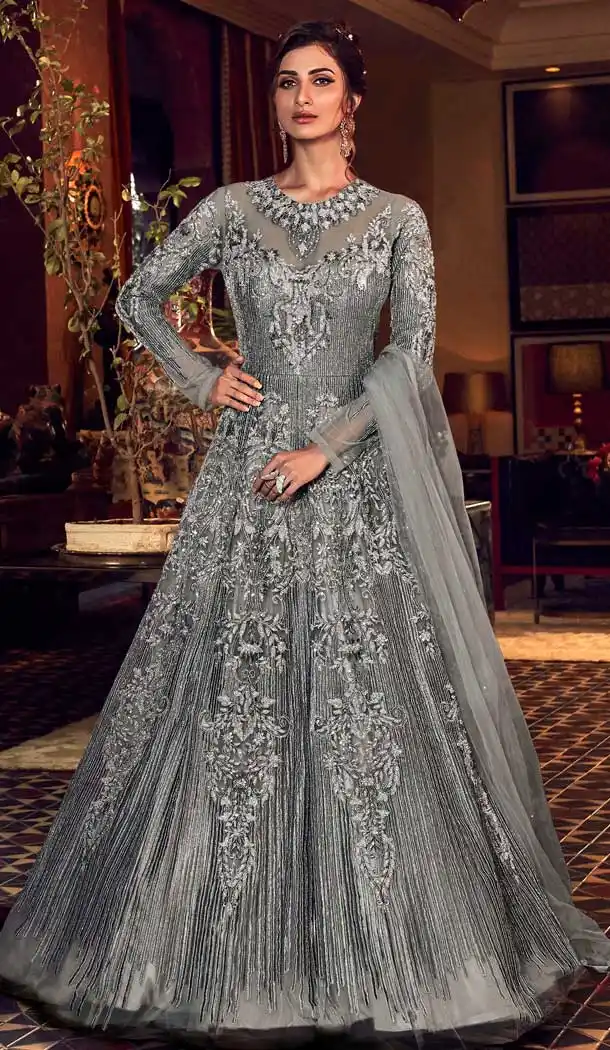Grey Color Butter Fly Net Designer Party Wear Indo Western Suit -8351101143