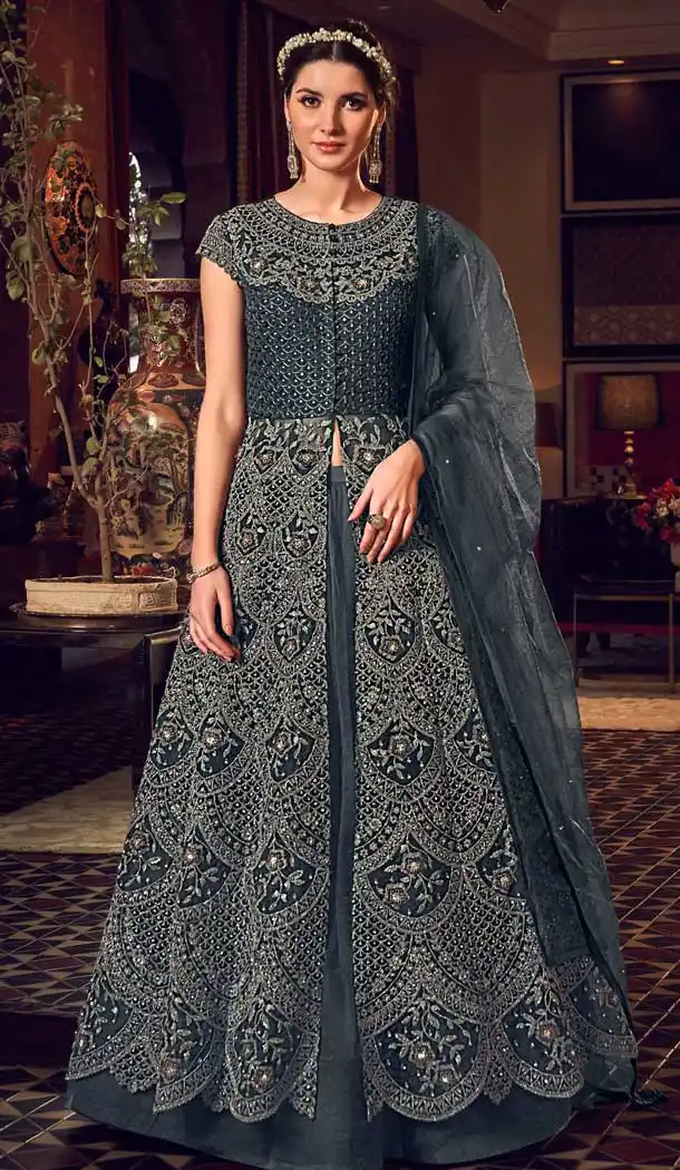 Grey Color Butter Fly Net Designer Party Wear Indo Western Suit -8351101145