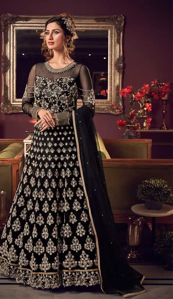 Black Color Butter Fly Net Designer Party Wear Indo Western Suit -8351101149