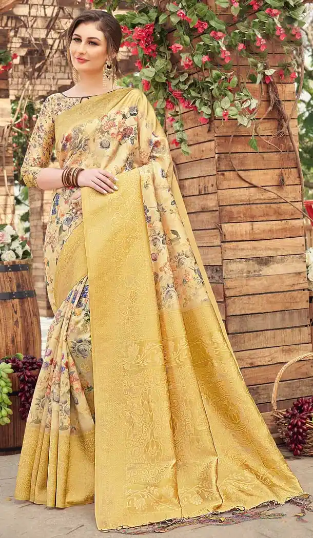 Yellow Color Silk Digital Printed Party Wear Festive Wear Saree -8354101159
