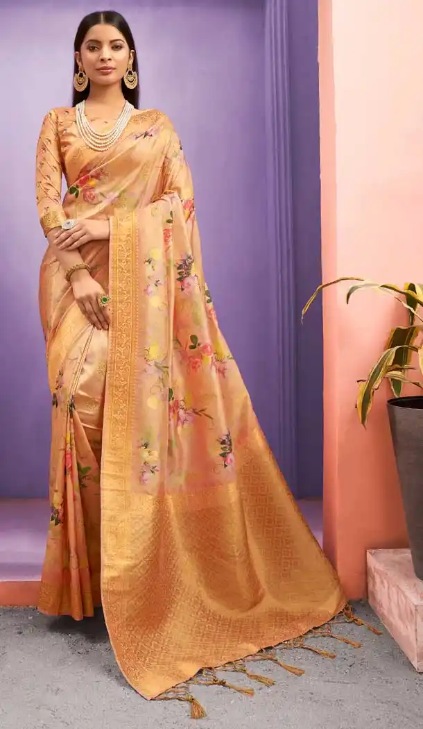 Orange Color Silk Digital Printed Party Wear Festive Wear Saree -8354101160