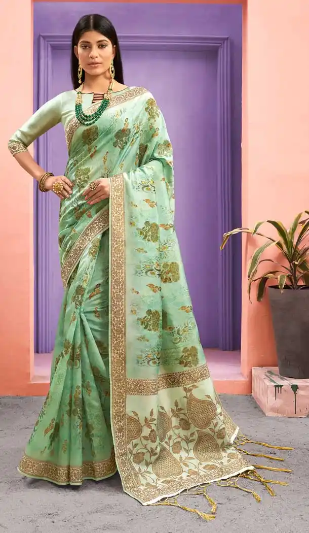 Green Color Silk Digital Printed Party Wear Festive Wear Saree -8354101164