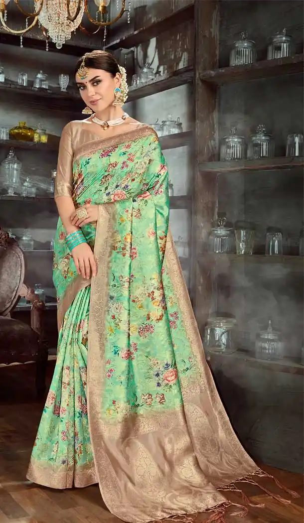 Green Color Silk Digital Printed Party Wear Festive Wear Saree -8354101172