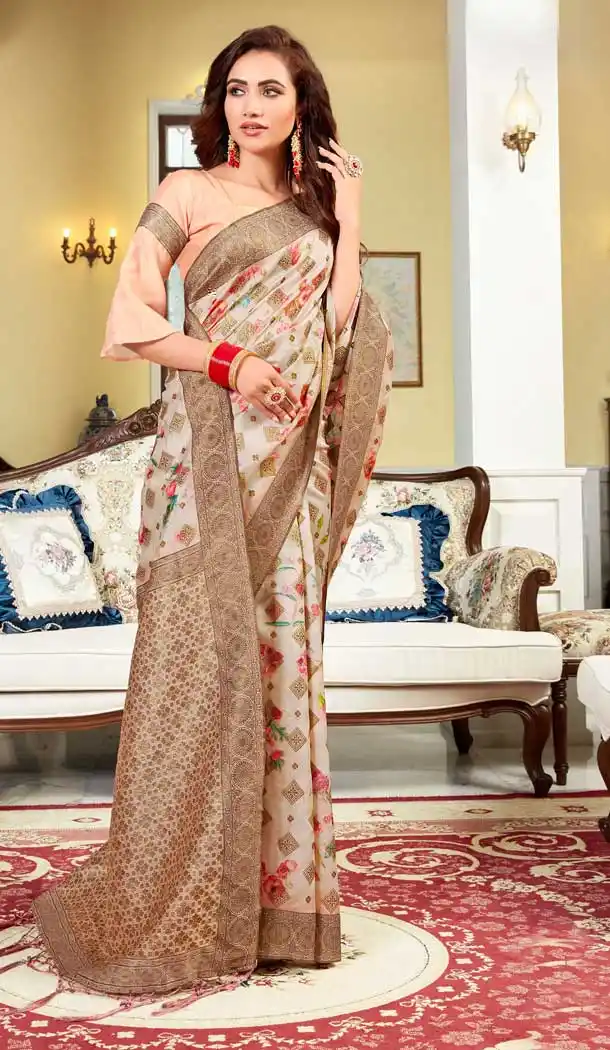 Off White Color Silk Digital Printed Party Wear Festive Wear Saree -8354101176