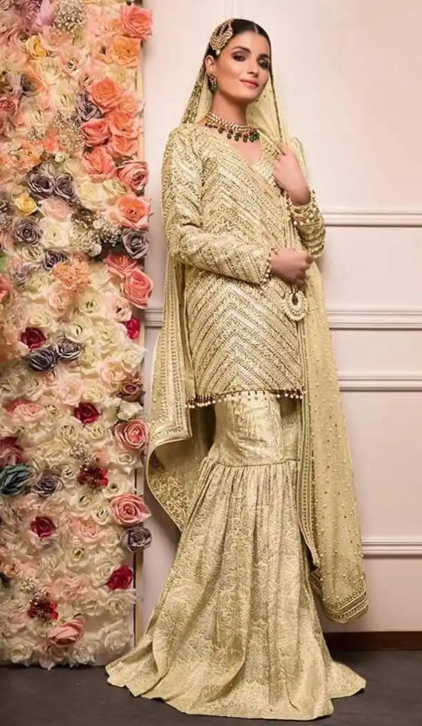 Golden Color Foux Georgette Party Wear Pakistani Style Sharara Suit -8360101201