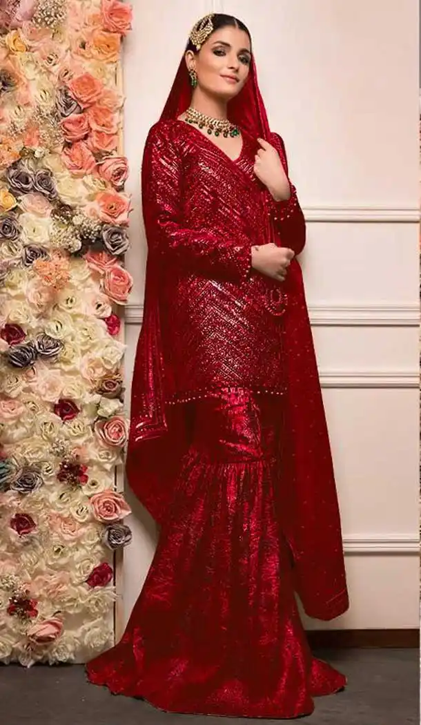 Red Color Faux Georgette Party Wear Pakistani Style Sharara Suit -8360101203