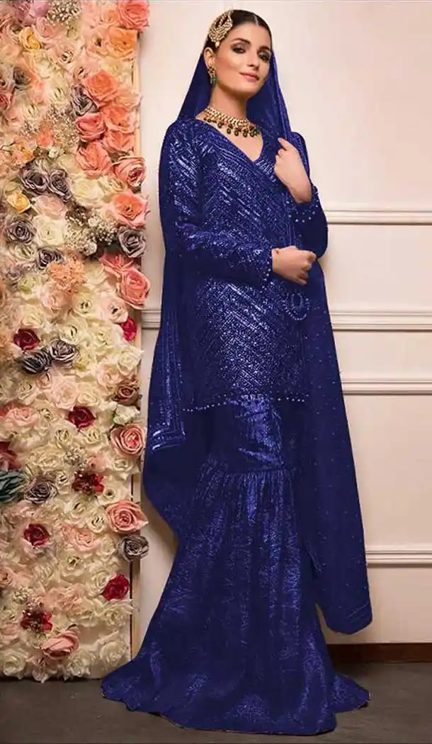 Captivating Blue Color Faux Georgette Party Wear Pakistani Style Sharara Suit -8360101204