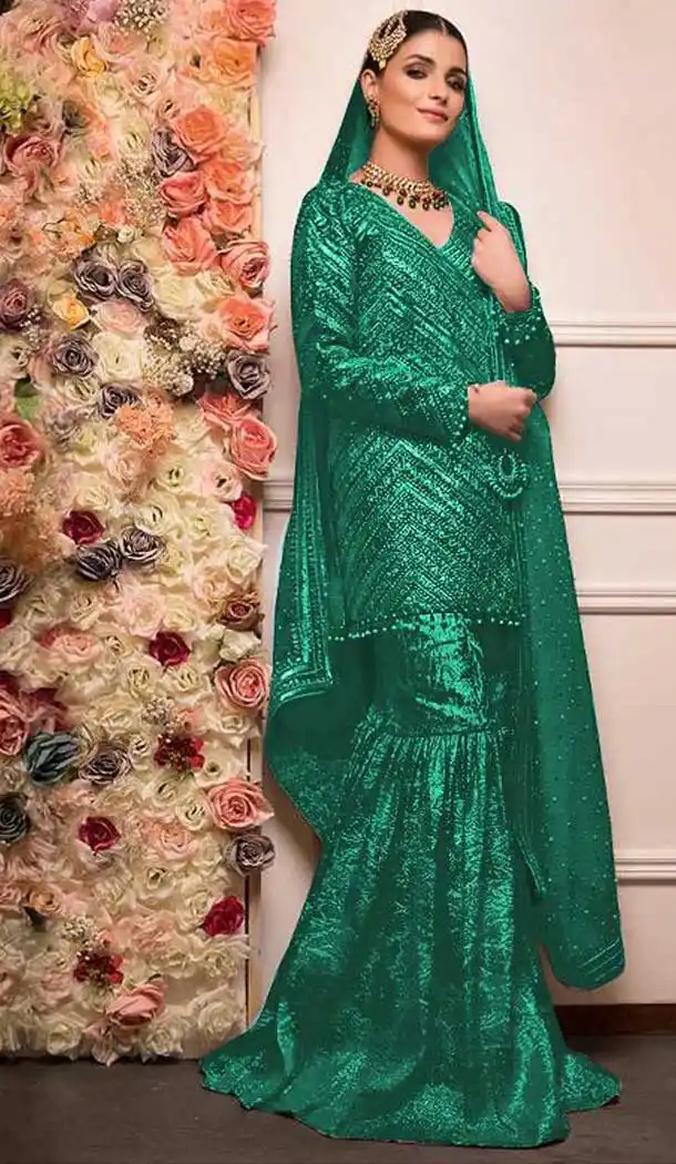 Luscious Green Color Faux Georgette Party Wear Pakistani Style Sharara Suit -8360101205