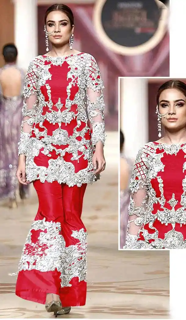 Flamboyant Red Color Net Designer Party Wear Pakistani Style Palazzo Suit -8361101207