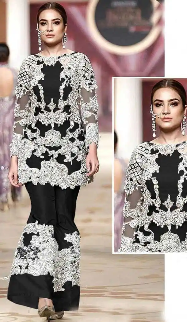 Exquisite Black Color Net Designer Party Wear Pakistani Style Palazzo Suit -8361101212