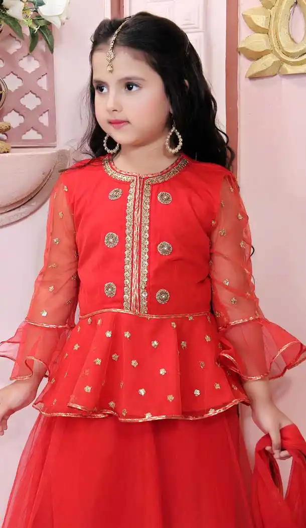 Red Color Net Designer Party Wear Kids Girl Lehenga Choli Collection -8423101812