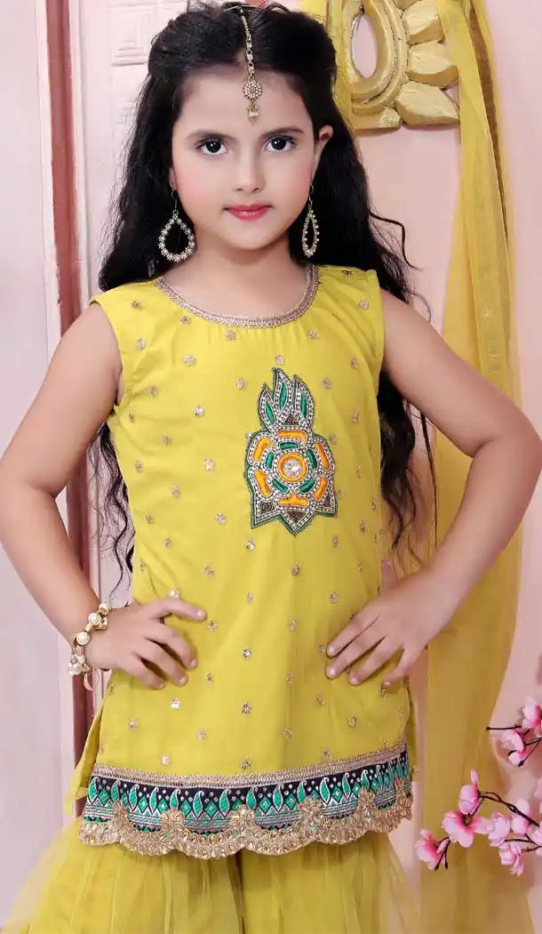 Yellow Color Net Designer Party Wear Kids Girl Ready Made Sharara Suit -8423101815