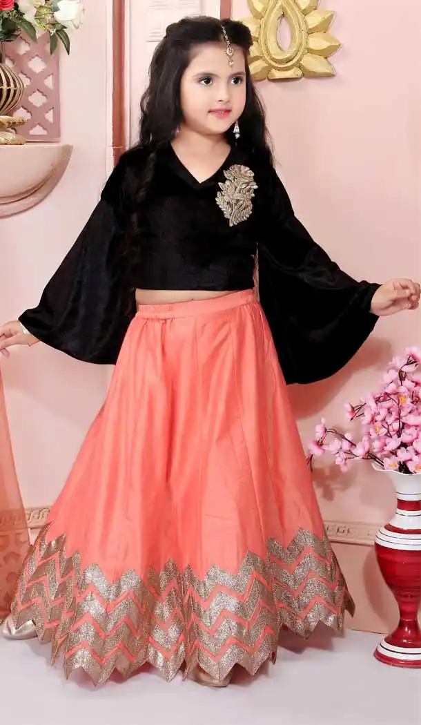 Black Color Velvet Designer Party Wear Kids Girl Lehenga Choli -8423101817