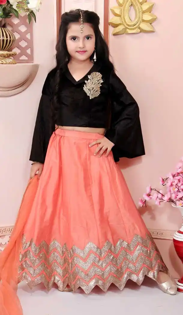 Black Color Velvet Designer Party Wear Kids Girl Lehenga Choli -8423101817
