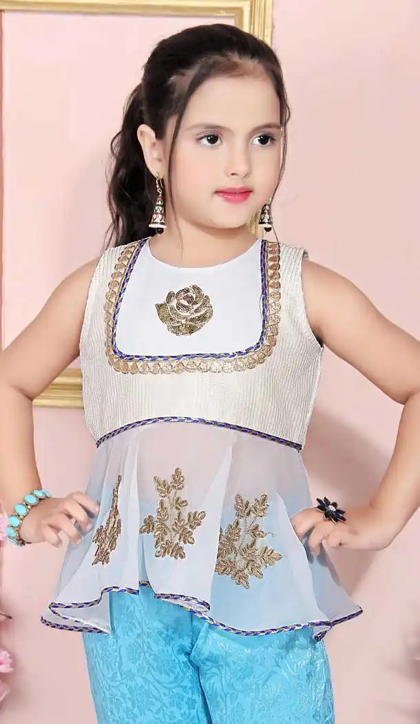 Off White Color Faux Georgette Designer Party Wear Kids Girl Sharara Suit -8423101820