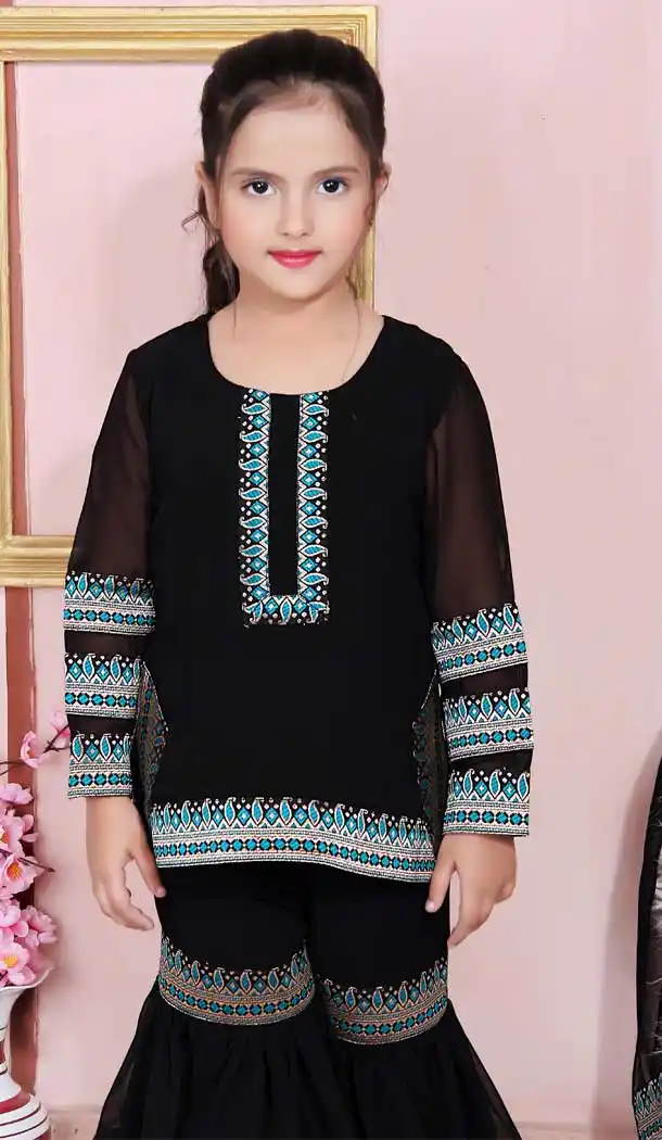 Black Color Faux Georgette Designer Party Wear Kids Girl Sharara Suit -8423101822