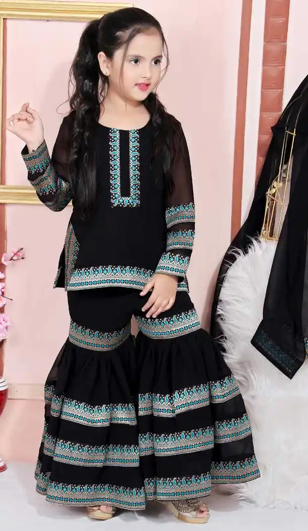 Black Color Faux Georgette Designer Party Wear Kids Girl Sharara Suit -8423101822