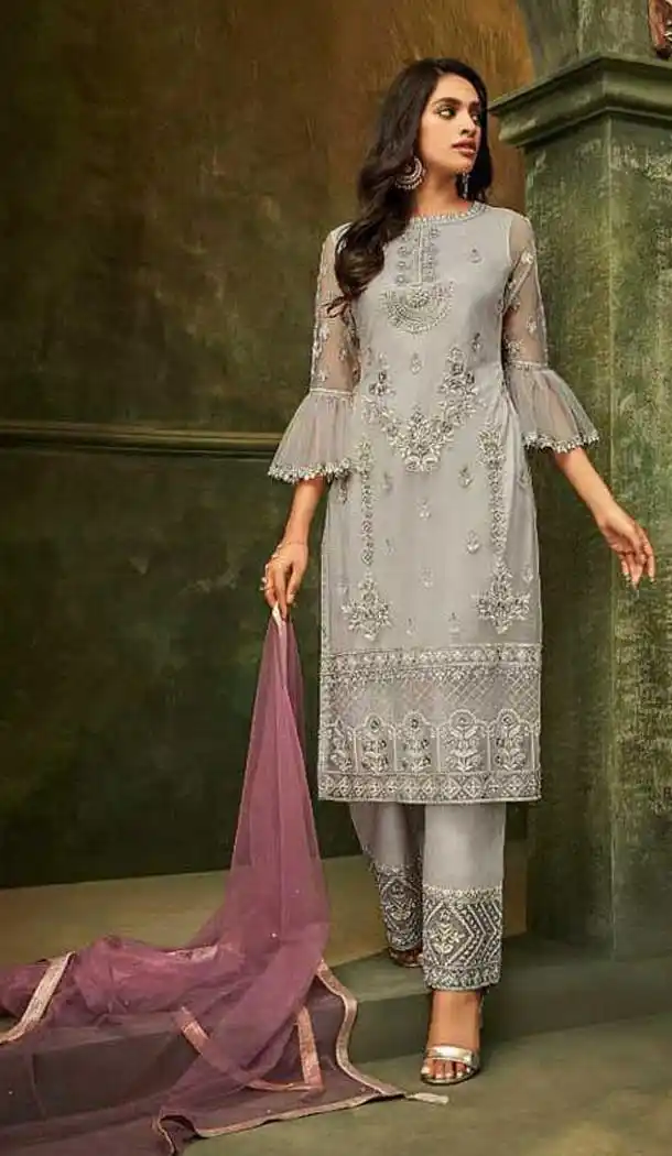 Marvelous Grey Color Butterfly Net Designer Pakistani Style Salwar Suit -8340100984