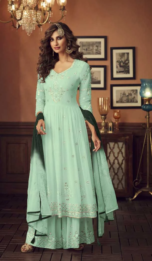 Aqua Green Color Foux Georgette Designer Pakistani Style Palazzo Suit -8341100990 Aqua Green Color Foux Georgette Designer Pakistani Style Palazzo Suit -8341100990