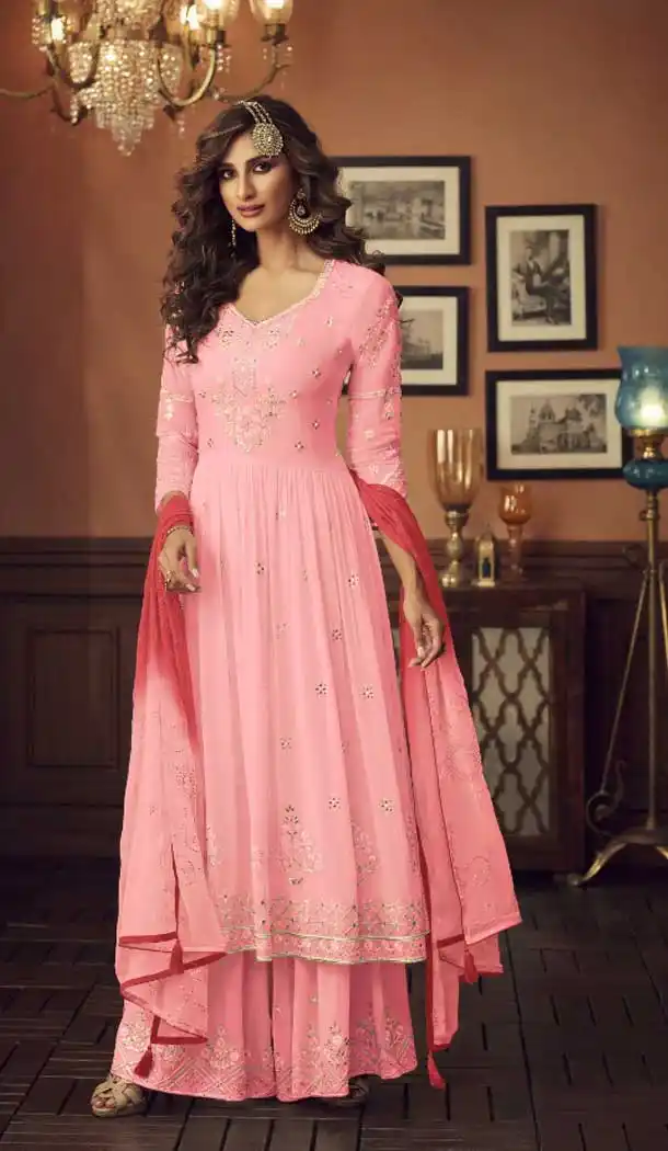 Light Pink Color Foux Georgette Designer Pakistani Style Palazzo Suit -8341100991