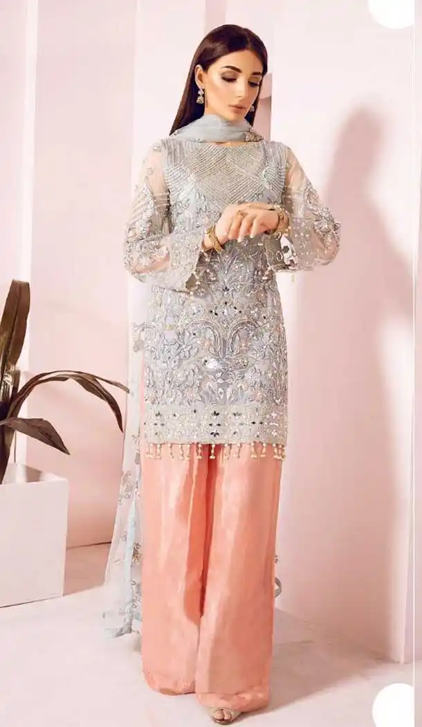 Gleaming Grey Color Net Georgette Designer Pakistani Style Suit -8371101276