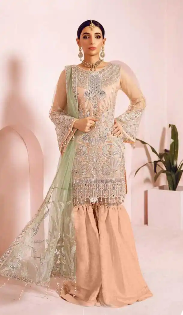 Elegant Cream Color Net Georgette Designer Pakistani Style Suit -8371101277