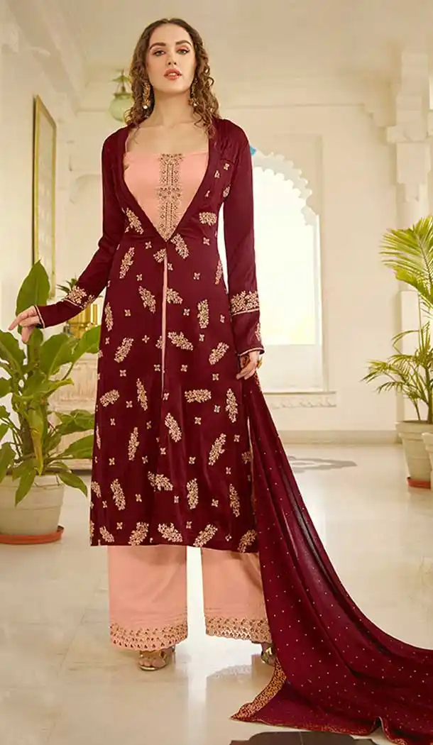 Peach Maroon Color Orra Silk Designer Party Wear Palazzo Style Salwar Suit -8382101380