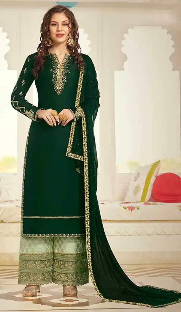Dark Green Color Modal Satin Designer Party Wear Palazzo Style Salwar Suit -8382101381