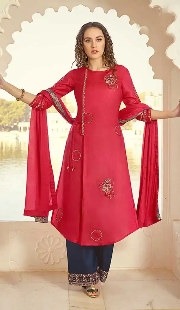 Red Color Tussar Silk Designer Party Wear Palazzo Style Salwar Suit -8382101382