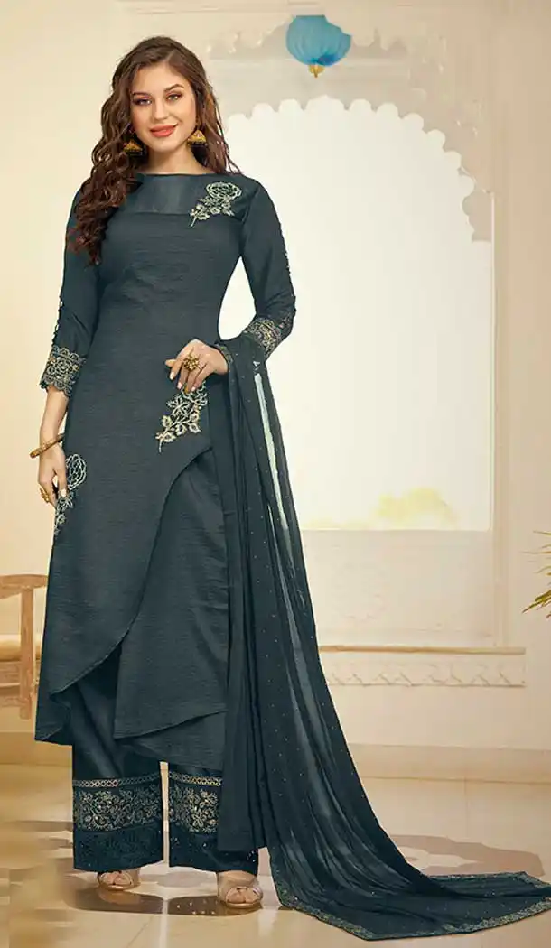 Dark Grey Color Orra Silk Designer Party Wear Palazzo Style Salwar Suit -8382101383