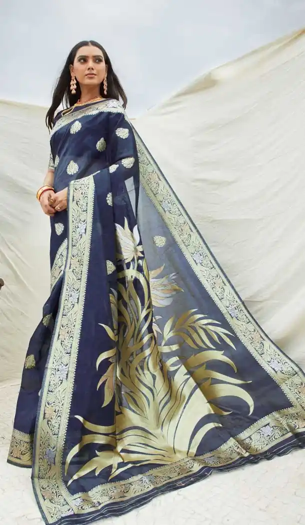 Navy Blue Color Handloom Weaving Silk Traditional Wear Saree Blouse -8386101409