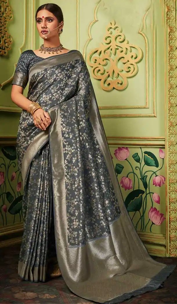 Grey Color Banarasi Silk Classic Traditional Wear Saree -8399101540