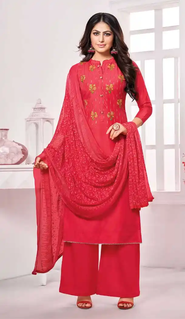 Red Color Pure Jam Cotton Casual Wear Palazzo Salwar Suit -8400101541