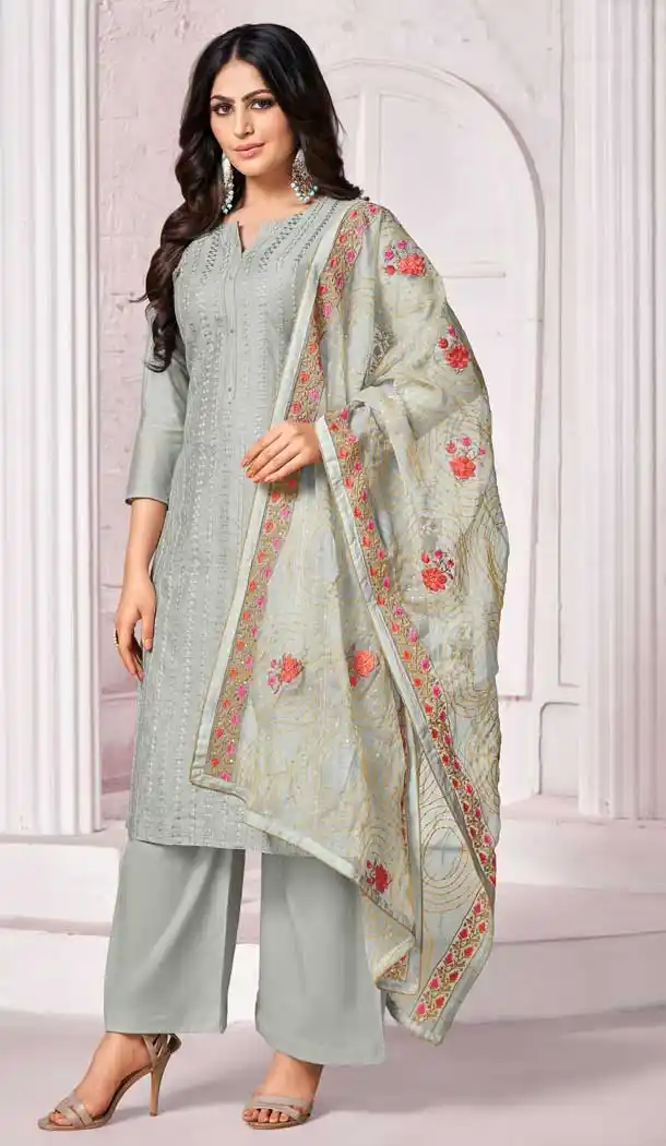 Captivating Grey Color Pure Jam Cotton Casual Wear Palazzo Salwar Suit -8400101543