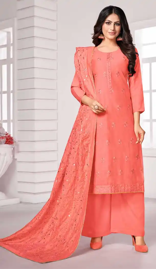 Majesty Peach Color Pure Jam Cotton Casual Wear Palazzo Salwar Suit -8400101545